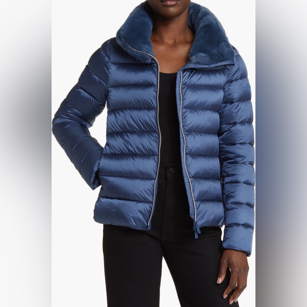 Save The Duck Mei Faux Fur Collar Puffer Jacket EUC, size XS, navy
